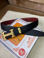 1:1  Hermes  Black Leather Belt  with Gold"H" buckle Buckle with Line Pattern 3.8cm